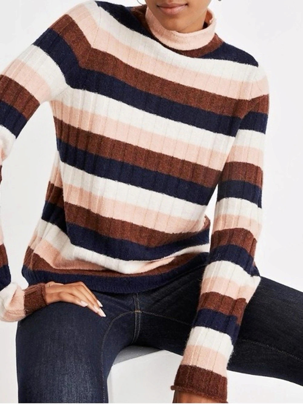 Madewell Striped Turtleneck Sweater Brown & Pink Wool Alpaca Blend Sz Medium